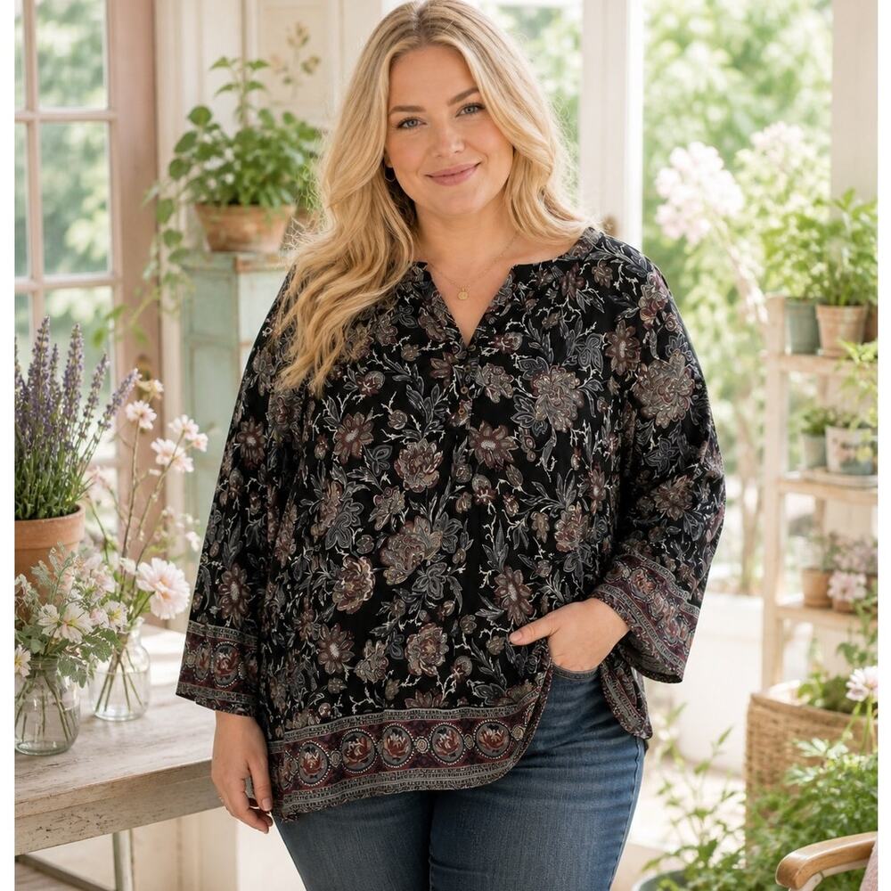 Lucky Brand Womens Tunic Top 3X Boho Floral Long Sleeve Festival Peasant Shirt
